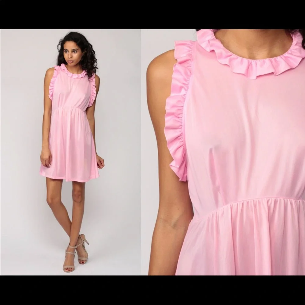 Babydoll Mini Dress Baby Pink 70s  Vintage Medium